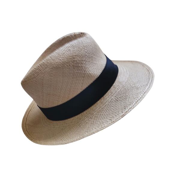 Anine Bing Wide Brim Straw Panama Hat Cream Ivory Navy Ribbon Resort Chic 58